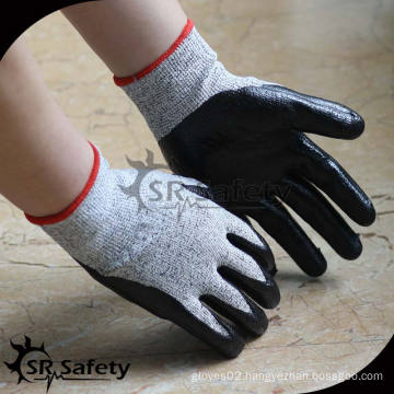 SRSAFETY 13G knitted black nylon and HPPE liner coated black nitrile on palm glove, anti-cut for safety working glove